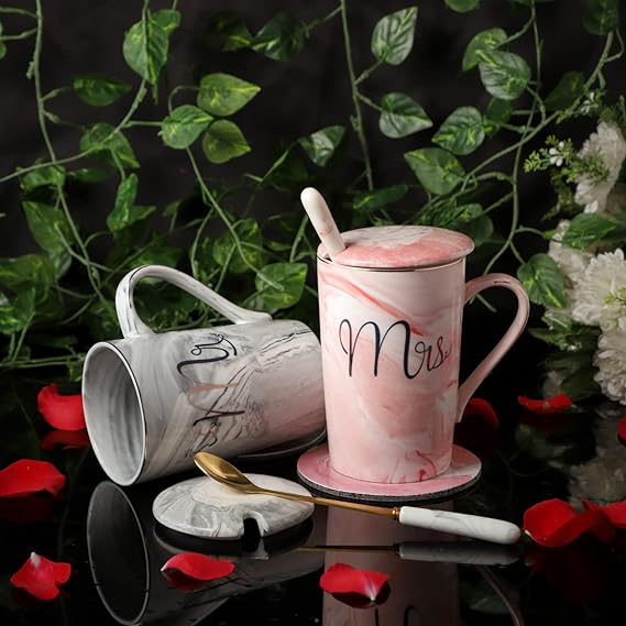 Mr and Mrs Ceramic Coffee Mug Set With Spoon and lid